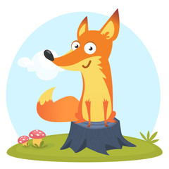Cartoon funny fox. Vector illustration isolated on meadow background with the sky and clouds
