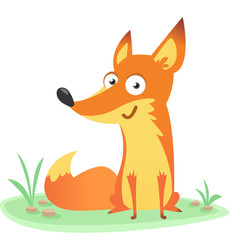 Cartoon funny fox. Vector illustration isolated on meadow background with the sky and clouds