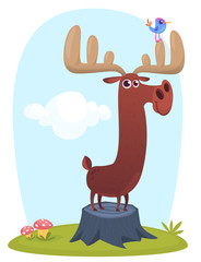 Obraz na płótnie Canvas Cool cartoon moose standing on a stump. Vector illustration isolated on a wood background