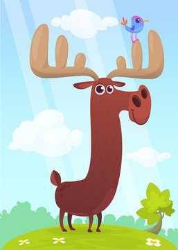 Cool cartoon moose standing on a stump. Vector illustration isolated on a wood background