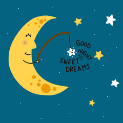 Fototapeta premium Good night and sweet dreams moon fishing star cartoon vector illustration