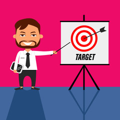 Business man presenting arrow target cartoon vector illustration, business concept 