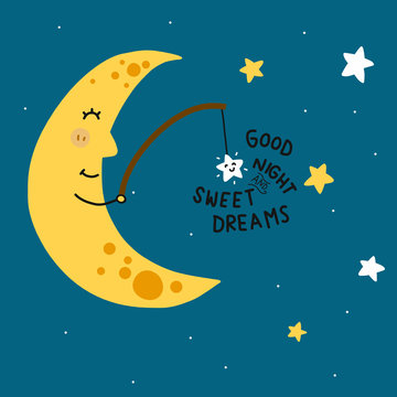 Good night and sweet dreams moon fishing star cartoon vector illustration
