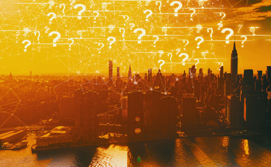Question Marks with the Manhattan, NY skyline
