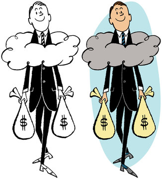 A Man Carrying Money Bags Keeping His Head Above The Clouds. 