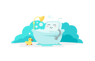 Emoji sticker robot is taking bathin in the bathroom. Very cute picture rest, exfoliation foam shampoo. Break for rest. Flat color vector illustration