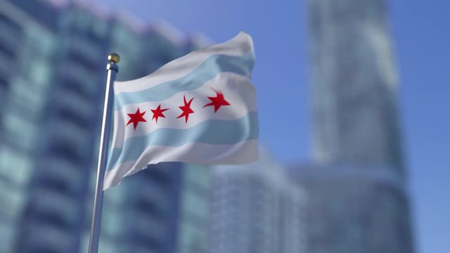 Chicago flag with buildings in background