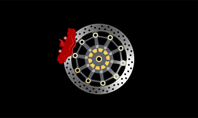 Vector illustration of Disc brake of big bike isolated on black background.