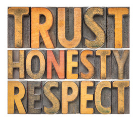 trust, honesty, respect word abstract in wood type