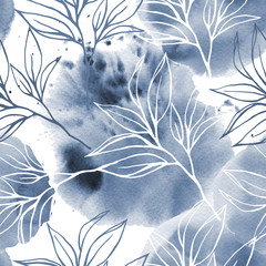 abstract floral seamless pattern with hand drawn tea leaves with grunge blobs watercolor on white background