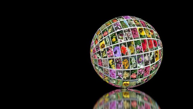 Animated rolling from left to right globe with motion pictures of photos. reflective base and black background.