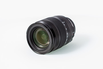 Black camera lens isolated on white background, zoom lens