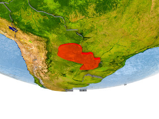 Paraguay in red on Earth model