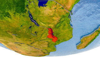 Malawi in red on Earth model