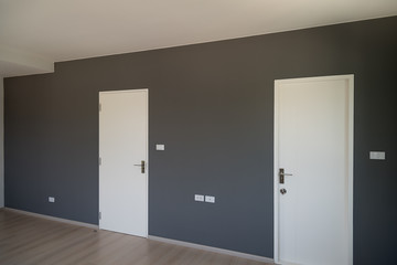 Gray wall decoration with white door closed.