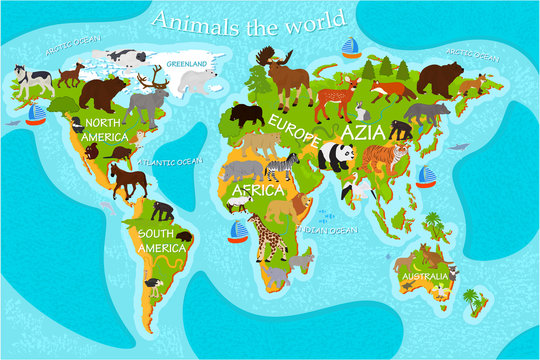 Map of the world's animals with the names of the continents