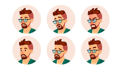 Hipster Man Avatar Vector. Creative Modern Hipster Man Face, Emotions Set. Character Business People. Cartoon Illustration
