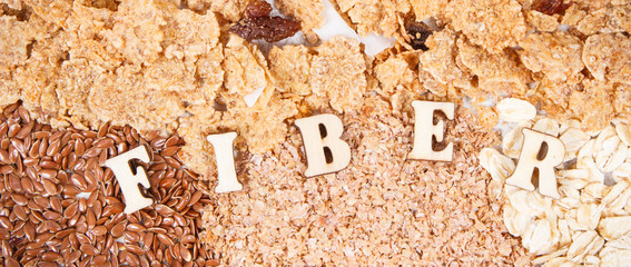 Inscription fiber and ingredients containing natural minerals and vitamins, healthy lifestyle and nutrition concept