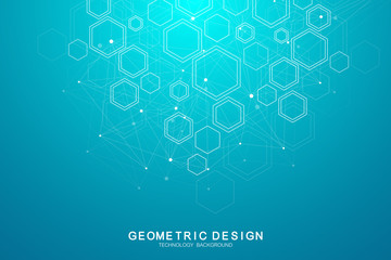 Abstract medical background. Science and connection vector concept. Hexagonal geometric array with dynamic moving particles. DNA, atom, helix, neurons, spiral.