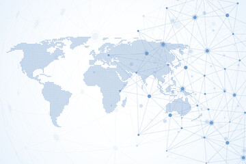 Global network connections with dotted world map. Internet connection background. Abstract connection structure. Polygonal space background. Vector illustration.