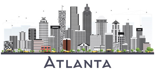 Atlanta Georgia USA City Skyline with Gray Buildings Isolated on White.