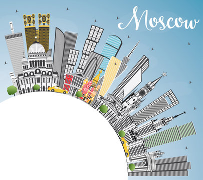Moscow Russia Skyline with Gray Buildings, Blue Sky and Copy Space.