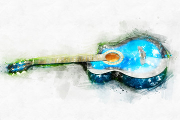 Abstract Guitar in the foreground Close up on Watercolor painting background.