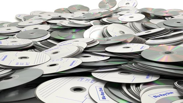 Animated pile of many blank and plain optical 25GB capacity blu ray disks fallen onto white background or base. Full 360 degree spin and loop able. All graphics are imitations.