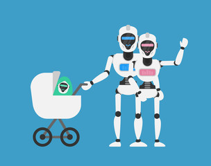 robots humanoid family with baby carriage