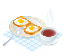 Flat isometric illustration of dish with scrambled eggs on a toasts. The fried chicken eggs on a crisp bread on the plate, a cup of hot black tea. Vector food elements isolated on white background.