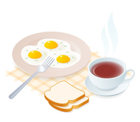 Flat isometric illustration of plate with scrambled eggs, fork, teacup. The dish with fried omelette, a cup of hot herbal tea. Vector food, breakfast elements isolated on white background.
