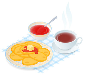 Flat isometric illustration of plate with pancakes, jam, teacup. The dish with fried cakes, a cup of hot black tea, sweet syrup. Vector food, breakfast elements isolated on white background.