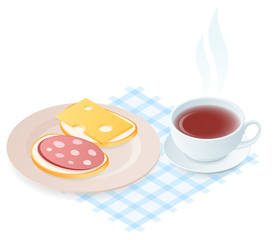 Flat isometric illustration of plate with cheese, sausage sandwiches. The dish with bread pieces, sausage and cheese slices, a cup of hot black tea. Vector food elements isolated on white background.
