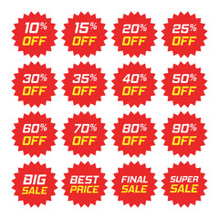 Discount stickers vector icon in flat style. Sale tag sign illustration on white isolated background. Promotion 10, 15, 20, 25, 30, 35, 40, 50, 60, 70, 80, 90 percent discount concept.