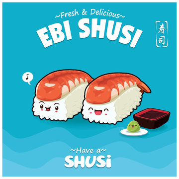 Vintage Japanese food poster design with vector Ebi sushi characters. Chinese word means sushi.
