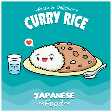 Vintage Japanese food poster design with vector Japanese curry rice characters. 