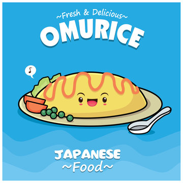 Vintage Japanese food poster design with vector Omurice characters.