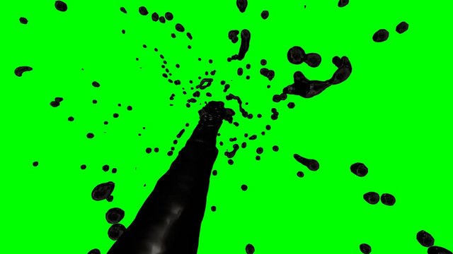 Animated fountain of crude oil erupting or bursting from ground or pipe straight up and spreading through entire screen against green background. Low angle view.
