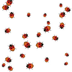 Delicate background with ladybugs. Trendy template for a postcard, stamp, banner or poster. Cute Ladybugs on a white background. Vector