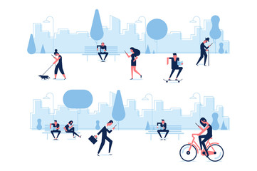 Different people walking in the park and reading books. Flat vector illustration.Print