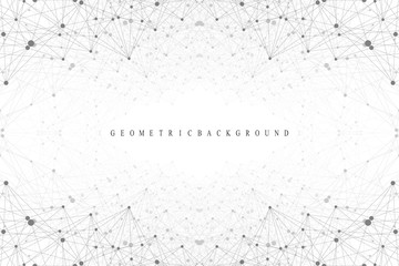 Geometric graphic background molecule and communication. Big data complex with compounds. Perspective backdrop. Minimal array. Digital data visualization. Scientific cybernetic vector illustration.