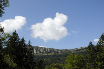 Clouds over a mountain and trees