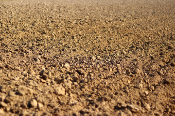 Freshly plowed land. A brownish relief texture. Loose soil for planting. Agriculture. Agricultural business. Technology of food cultivation. Spring field work. Farm lands. The quality of the land.