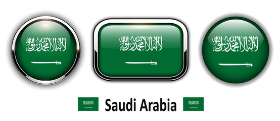 Saudi Arabia flag buttons, 3d shiny vector icons.