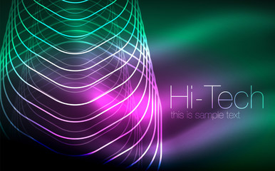 Outline hexagons, glowing geometric shapes, digital techno abstract background