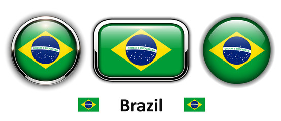 Fototapeta premium Brazil flag buttons, 3d shiny vector icons.