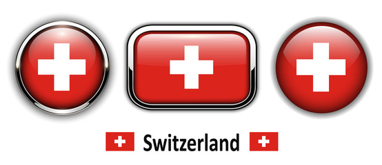 Fototapeta premium Switzerland flag buttons, 3d shiny vector icons.