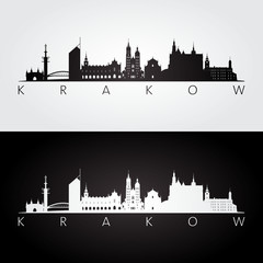 Fototapeta Krakow skyline and landmarks silhouette, black and white design, vector illustration. obraz