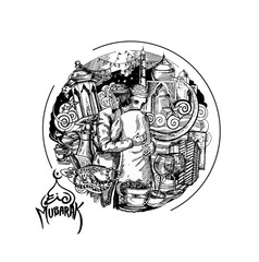 Muslim man hugging and wishing to each other on occasion of Eid ( Eid al-Fitr ) celebration, Hand Drawn Sketch Vector illustration.