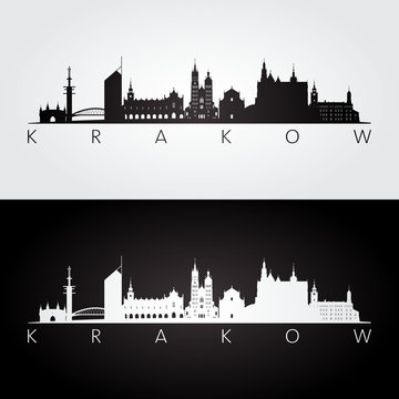 Krakow skyline and landmarks silhouette, black and white design, vector illustration.
